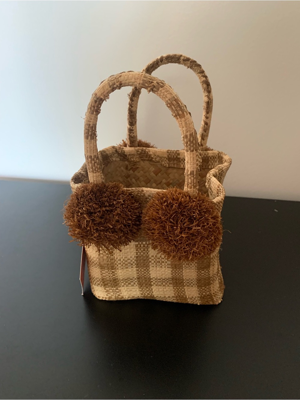 Mini Woven Check Handbag with Pom Pom Accents - Brown